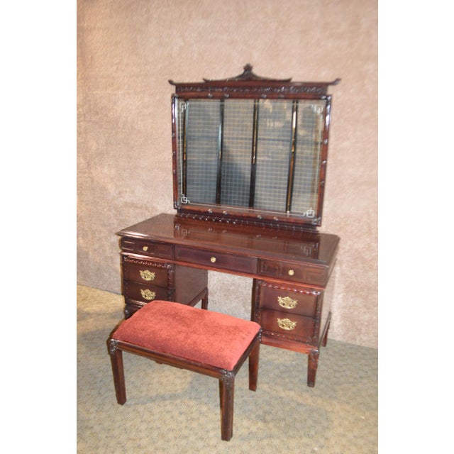 1950s Vintage Asian Inspired Mahogany Vanity Desk & Bench 2 Pieces