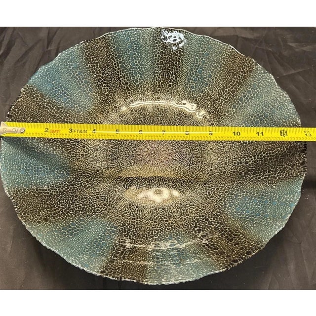 Late 20th Century Artistic Accents Artisan Fused Glass Scalloped Edge 13” Console Bowl - Forged Teal & Black For Sale - Image 5 of 6