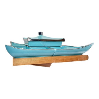 Ever-Art California Pagoda Lazy Susan, 1950s Turquoise & Silver Ceramic Serving Set With Wood Base For Sale