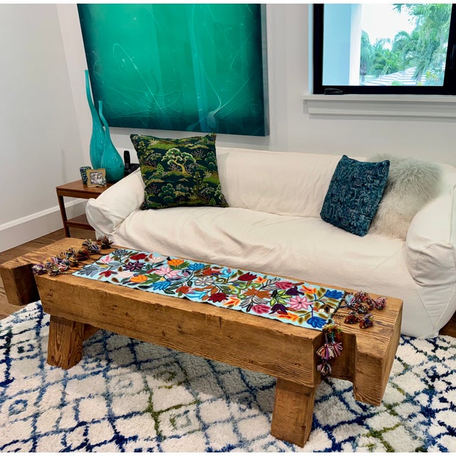 Embroidered Peruvian Bohemian Handmade Table Runner. Multi colors on aqua 100 Alpaca base material. Forty years old, never...