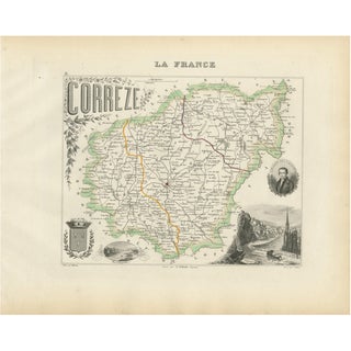 Map of Corrèze in France with Brive, Tulle and Dordogne River Landscape, 1850s For Sale