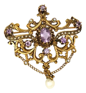 Amethyst & Seed Pearls 14k Gold Fancy Design Pendant Pin Brooch