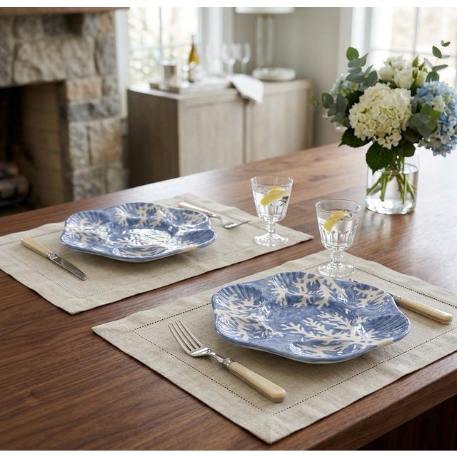 Pair of Italian Les Ottomans Hand-Painted Blue Coral Oyster Plates For Sale - Image 10 of 11