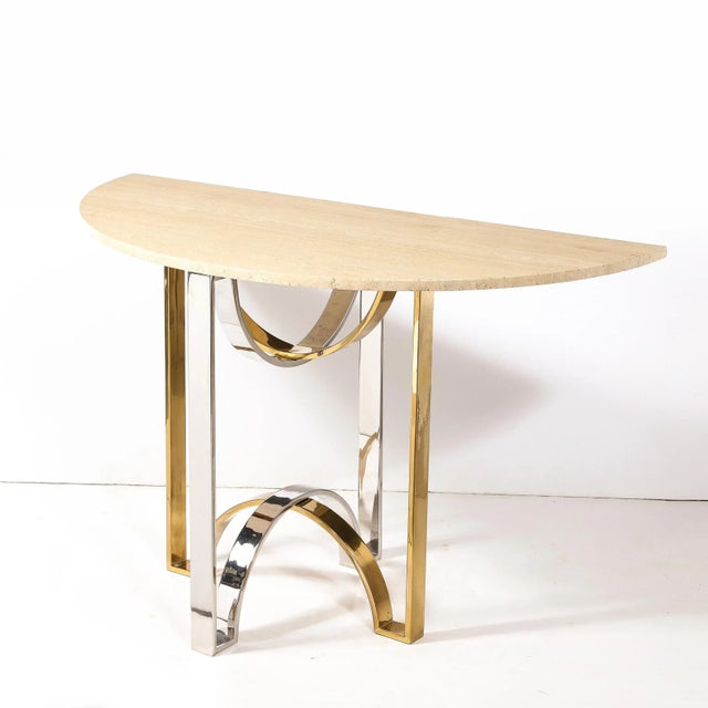 1970s Mid-Century Demilune Travertine Marble Top W/ Brass & Chrome Base Console Table For Sale - Image 5 of 10