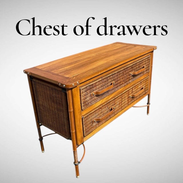 Stitched Leather and Rattan Chest of Drawers by Jacques Adnet, 1955, in Good conditions. Designed 1950 to 1959 This piece...