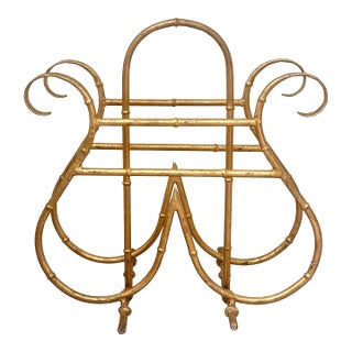 Vintage Hollywood Regency Style Gilt Faux-Bamboo Metal Magazine, Newspaper, Book Rack, Vinyl Record Holder, Circa 1950s For Sale