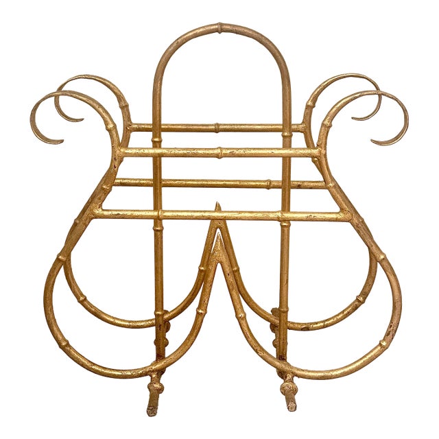 Vintage Hollywood Regency Style Gilt Faux-Bamboo Metal Magazine, Newspaper, Book Rack, Vinyl Record Holder, Circa 1950s For Sale