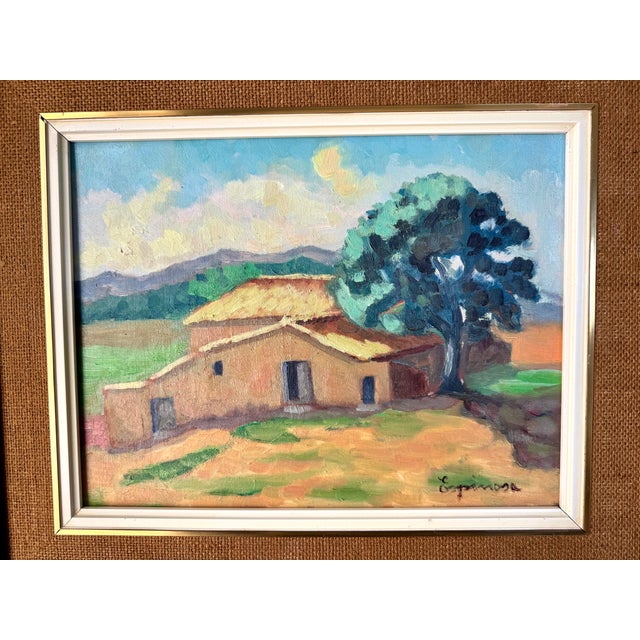 The painting is a bright, expressionistic oil painting of a farmhouse in a natural setting. The artist's signature,...