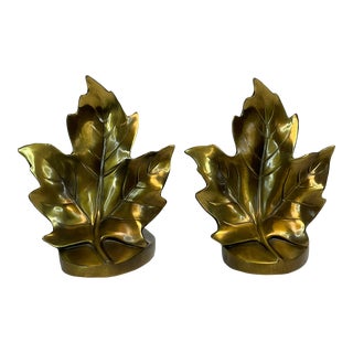1980s Vintage Hollywood Regency Brass Maple Leaf Bookends, Heavily Weighted - a Pair. For Sale