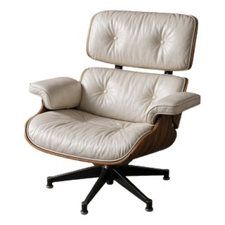 Set of Vintage Lounge Chairs in White Leather and Rosewood by Charles and Ray Eames, 1956 For Sale