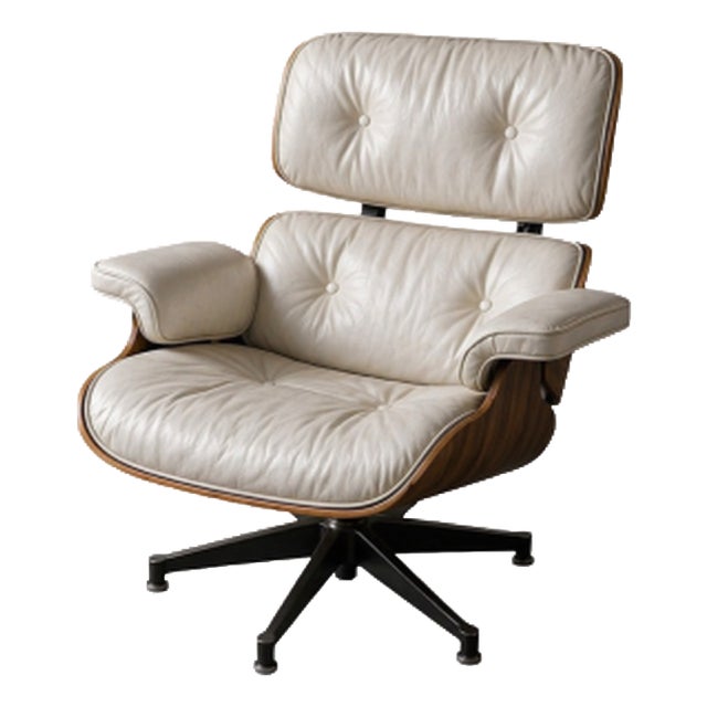 Set of Vintage Lounge Chairs in White Leather and Rosewood by Charles and Ray Eames, 1956 For Sale