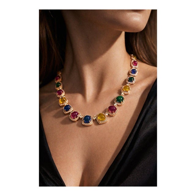 Bochic “Capri” Vintage Ruby & Sapphire Necklace Set In 18K Gold & Silver For Sale - Image 4 of 11