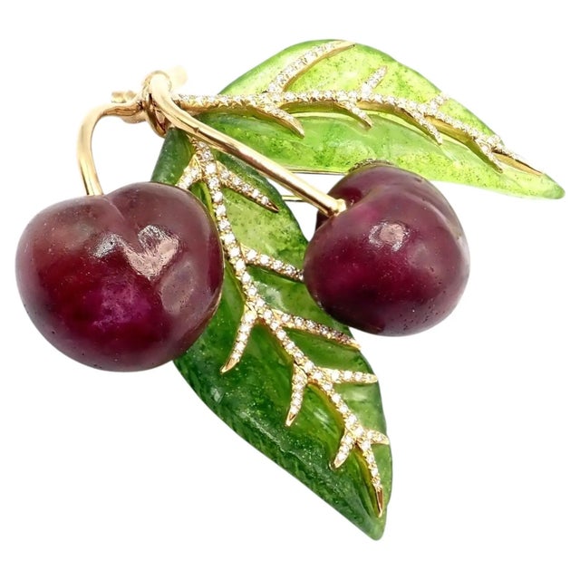 Tiffany and Co. Vintage Tiffany & Co. France Diamond Plique a Jour Glass Cherries Gold Brooch For Sale - Image 4 of 11