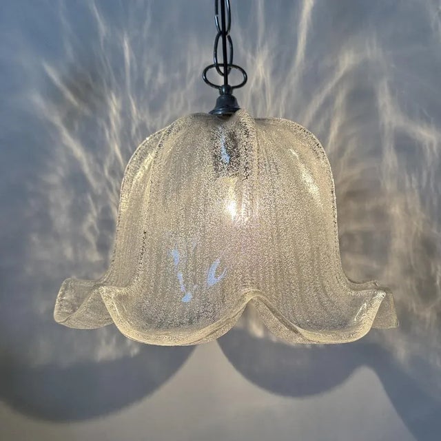 Mid-Century Modern Mid-Century Bell-Shaped Ice Glass and Chrome Pendant Light, 1970s For Sale - Image 3 of 18