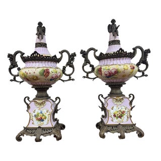 Hand-Decorated Porcelain Vases, 1870, Set of 2 For Sale