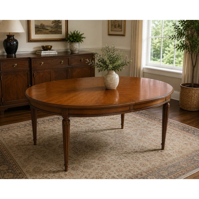 This vintage oval dining table features a beautifully bookmatched walnut veneer top with a striking sunburst grain pattern...