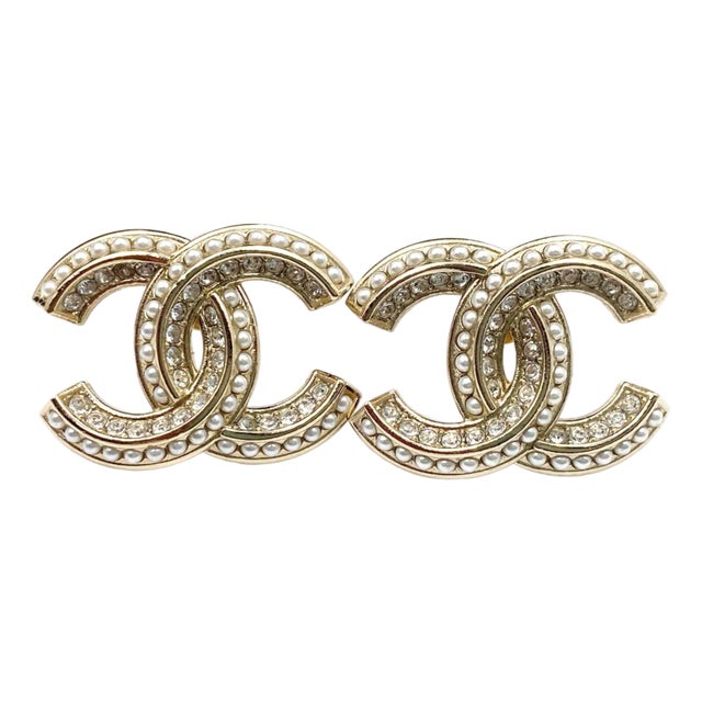 Chanel Classic Gold CC Pearl Crystal Large Piercing Earrings, A Pair For Sale