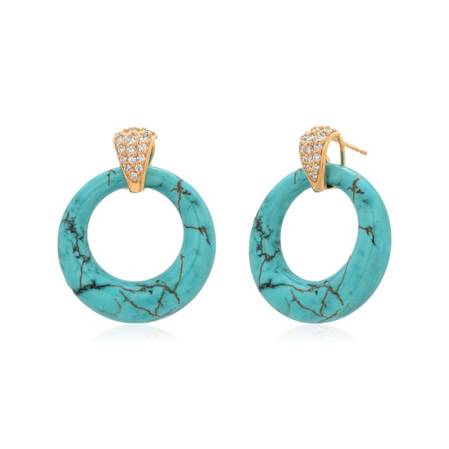 14k Yellow Gold Turquoise & Black Onyx Diamond Door Knocker Earrings, A Pair For Sale - Image 9 of 9