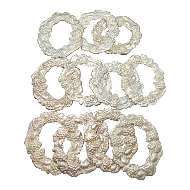 Set of Eleven Antique Beautiful Metal 3d Grape Napkin Rings Holders For Sale