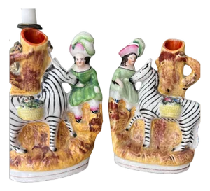 Rare pair of Staffordshire girls riding on zebras spill vases // hand-painted English antique // collectible // English country decor
