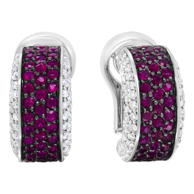 18K White Gold and Black Rhodium Plated 3/4 Cttw Round Diamonds and 1mm Round Red Ruby Huggie Hoop E For Sale