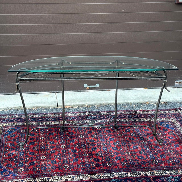 Vintage Hollywood Regency Wrought Iron Rope & Tassel Demilune Glass Top Console Table For Sale - Image 11 of 12