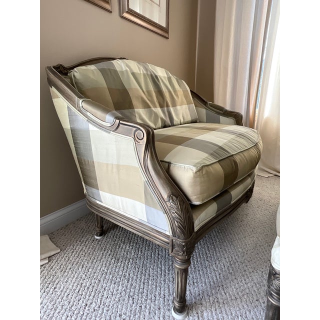 Harden Berger French Louis XVI Style Marquise Silk Plaid Arm Chair & Ottoman For Sale In Chicago - Image 6 of 10