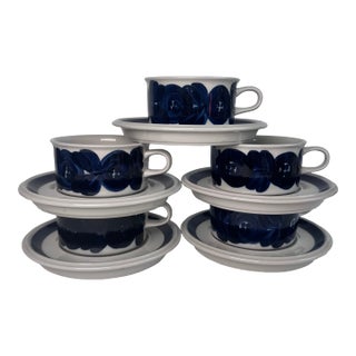 1950s Mid-Century Modern Arabia of Finland Blue Anemone Cup and Saucer Set- 10 Pieces For Sale