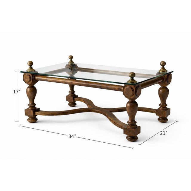 Brown Neoclassical Style Solid Wood & ½” Beveled Glass Coffee Table With Brass Finials, Late 20th Century For Sale - Image 8 of 9