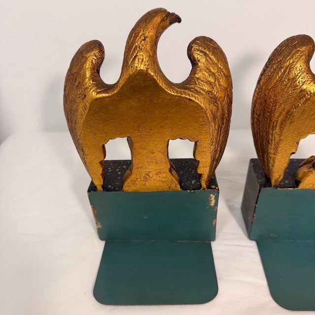 Vintage Gold Wooden Eagle Bookends Pair Speckled Base Americana Office Decor For Sale - Image 6 of 15