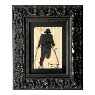 Original Ink on Paper Drawing of a Man on Crutches by William Cumming 1963 For Sale
