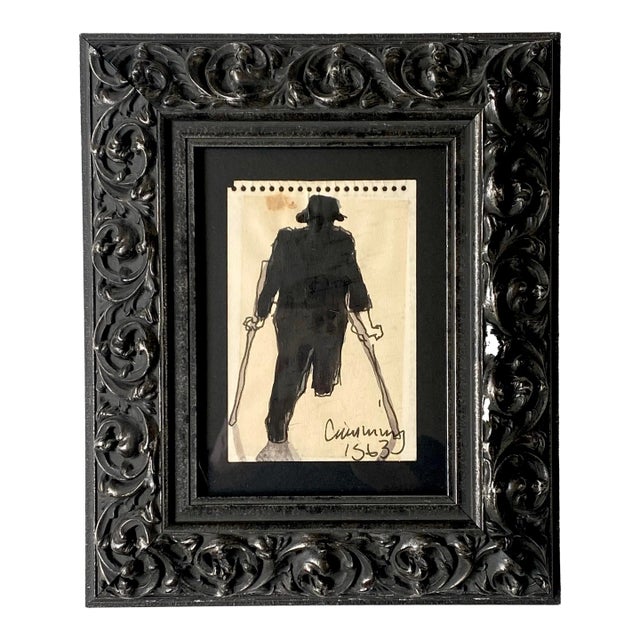 Original Ink on Paper Drawing of a Man on Crutches by William Cumming 1963 For Sale