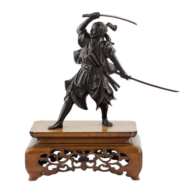 Wood Japanese Bronze Sculpture of Samurai Warrior, 1890s For Sale - Image 7 of 7