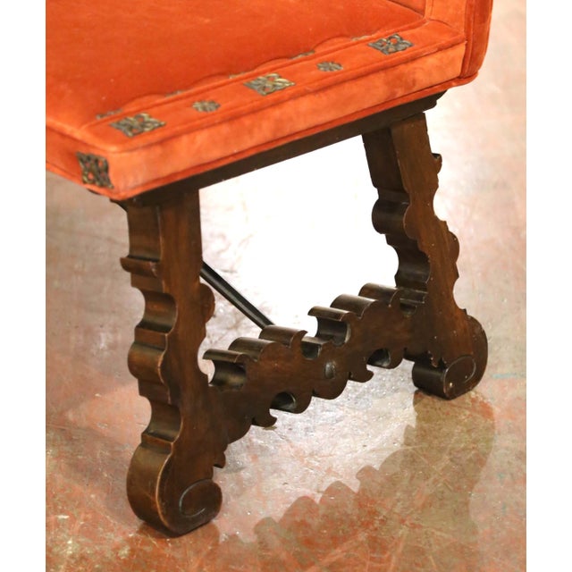 Late 19th Century 19th Century Spanish Renaissance Walnut and Velvet Three-Seat Bench For Sale - Image 5 of 12