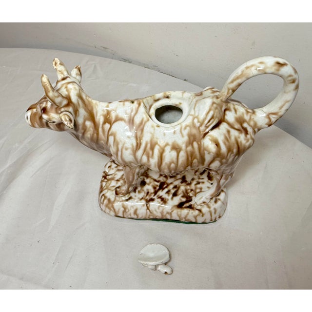 Antique Staffordshire Pottery Brown Drip Glaze Figural Cow Creamer For Sale - Image 13 of 15