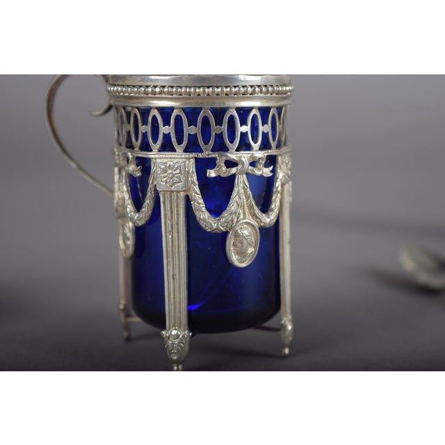 Antique Silver-Mounted Cobalt Blue Glass Condiment Set, 1900, Set of 7 For Sale - Image 12 of 18