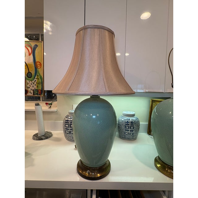 Vintage Crackle Celadon Porcelain Lamps With Brass Base & Silk Shades – A Pair For Sale - Image 11 of 16