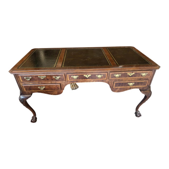 Henredon Tooled Leather Chippendale Mahogany Executive Writing Desk Ball & Claw For Sale