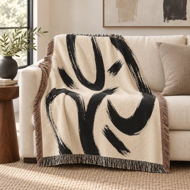 Contemporary Black and Cream Abstract Woven Throw Blanket – 60 × 50 For Sale - Image 3 of 5