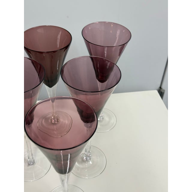 2010s Circa 1990's Pottery Barn Amethyst Champagne Flutes, Set of Nine For Sale - Image 5 of 12