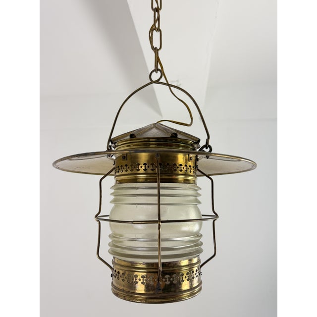 Mid-Century Modern Naval Pendant Lamp in Brass and Opaline Glass, 1940s For Sale - Image 3 of 13