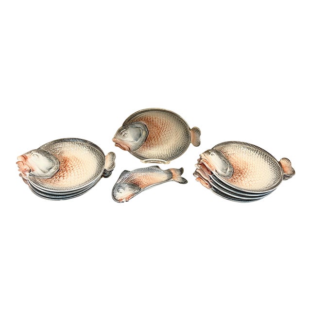 Vintage Italian Fish Plate Set by R. Blanche - Set of 9 For Sale