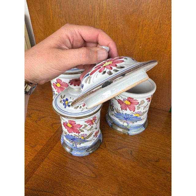 Ceramic Vintage Hand-Painted Faience Floral Ceramic Canister Set – European Country Kitchen Storage (Set of 3) For Sale - Image 7 of 12