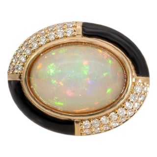 5.3Ct Natural Opal Ring With Diamond Accents in Solid 14k Gold – Oval Cut, Size 6.75 For Sale