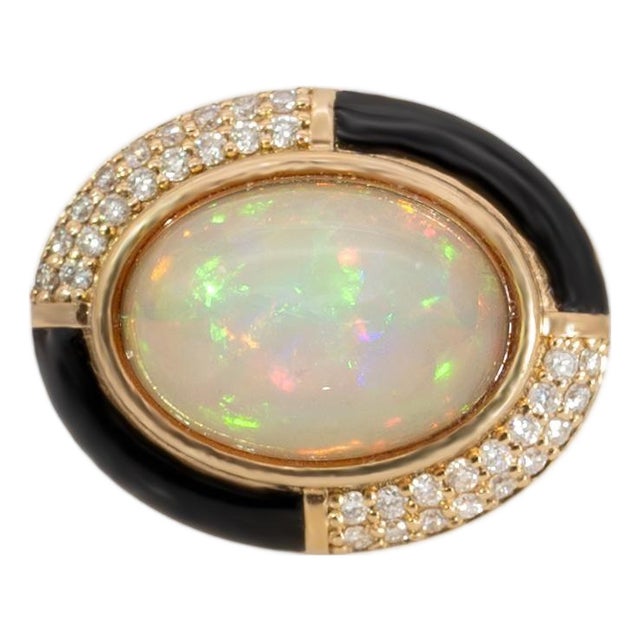 5.3Ct Natural Opal Ring With Diamond Accents in Solid 14k Gold – Oval Cut, Size 6.75 For Sale
