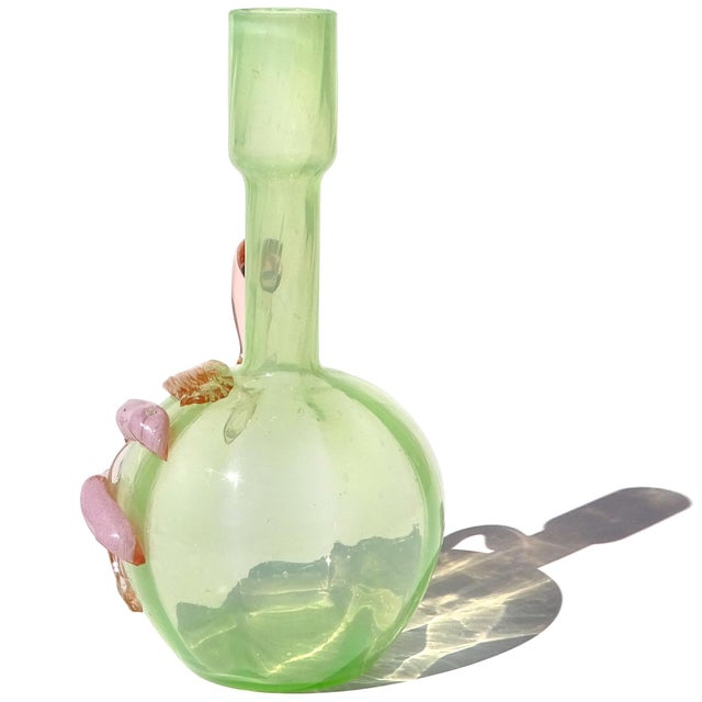 Stevens & Williams Antique Uranium Reactive Glass Vaseline Art Glass Flower Vase With Applied Vine Leafs and Flower Buds For Sale - Image 4 of 11
