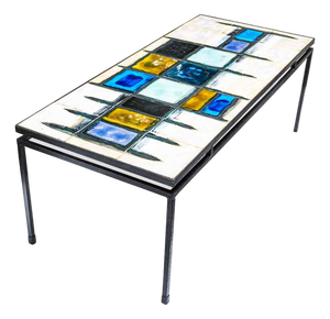 Abstract Ceramic Top on Wrought Iron Coffee Table by Juliette Belarti, 1960s