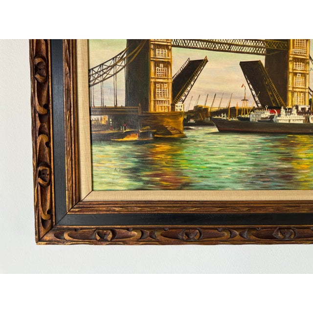 1960s 1970's Vintage London Tower Bridge Oil on Canvas Painting, Signed For Sale - Image 5 of 12
