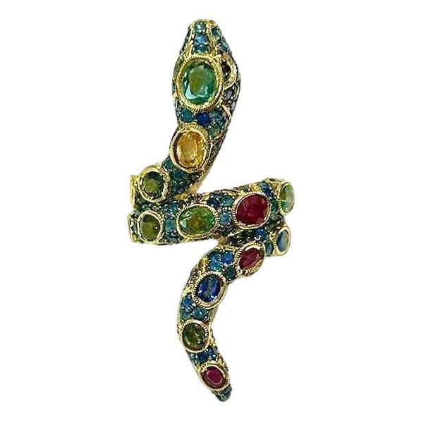 Bochic "Orient" Serpent Emerald, Sapphire & Ruby Ring Set In 18K Gold & Silver For Sale