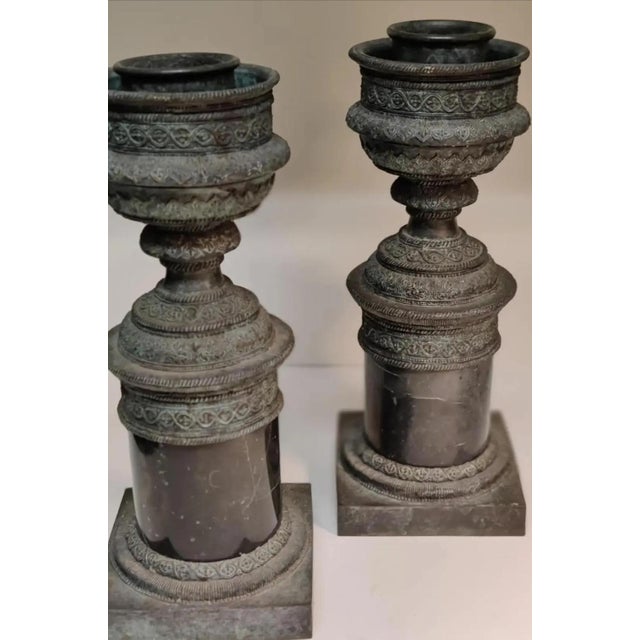 For your consideration. . . A rare pair of ornate patinated heavy cast bronze metal and marble hurricane candle holders...